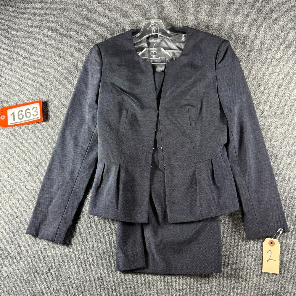 Hugo Boss 2-Pc Suit Skirt & Peplum Jacket Set Womens 2 Gray Virgin Wool Pleated